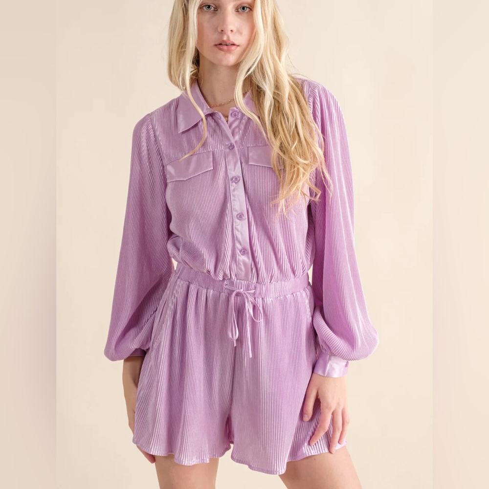 Lavender Pleated Long Sleeve Blouse